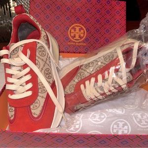 New, Tori, Burch, monogram tennis shoes - red suede trim Size 10.5 ladies